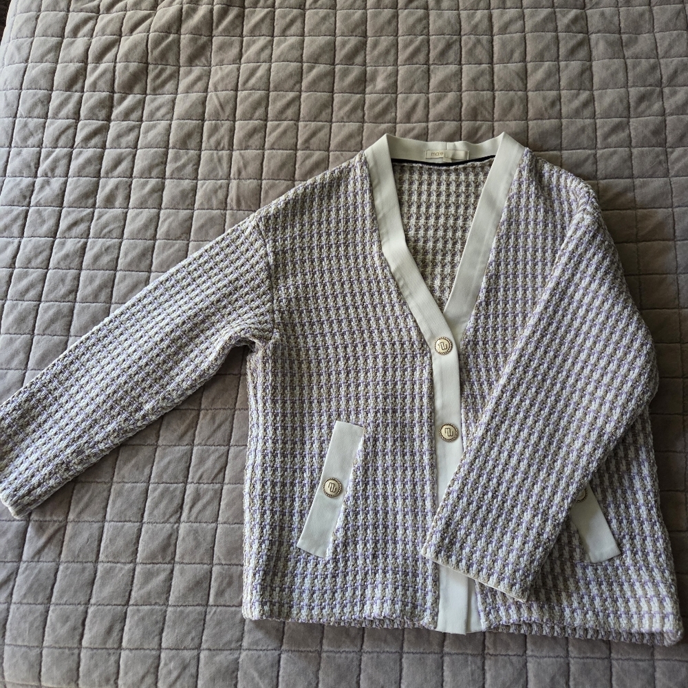 Maje Vido Purple And White Tweed Cardigan Jacket
